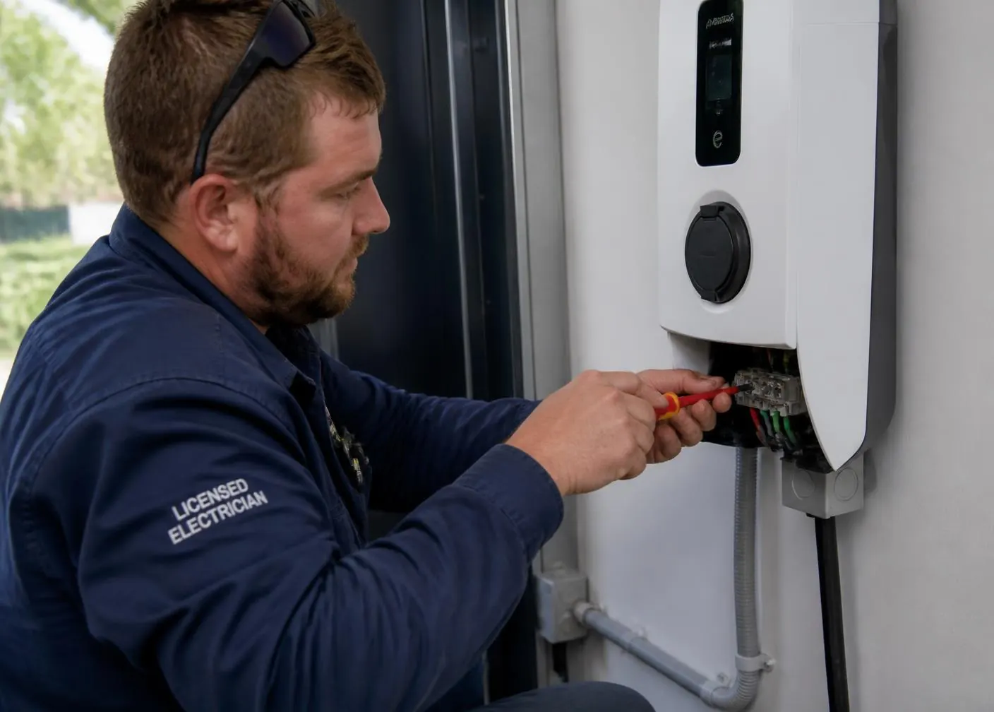 Electrician terminating an EV charging circuit in Wynnum
