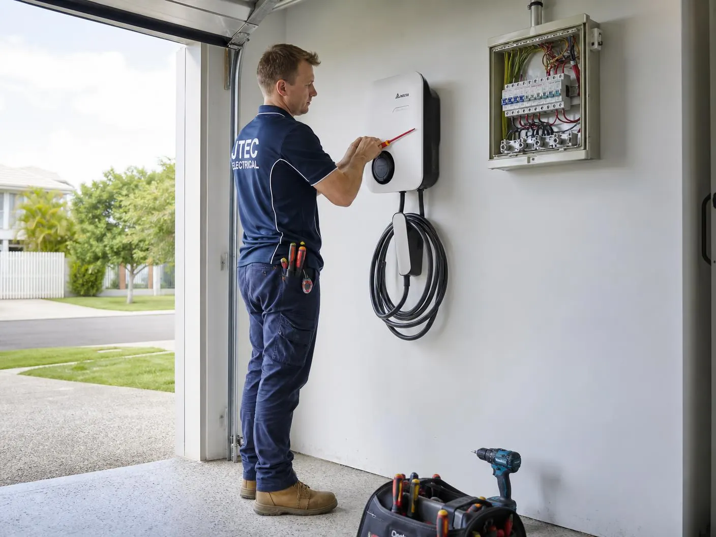 Ocular charger mounted outdoors on a rendered wall in Ascot